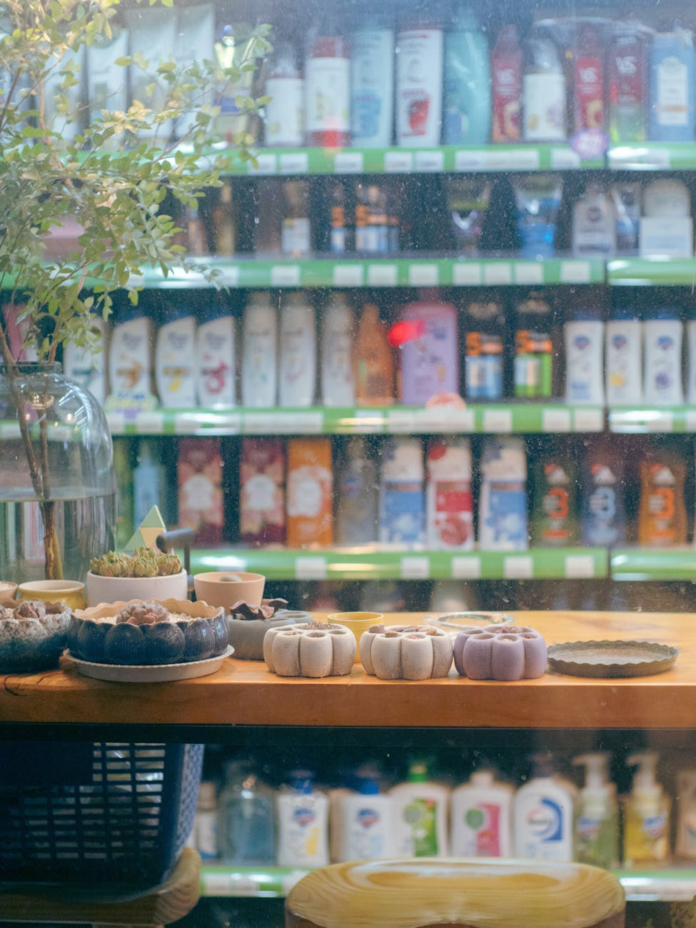 cosmetics on shelves in store